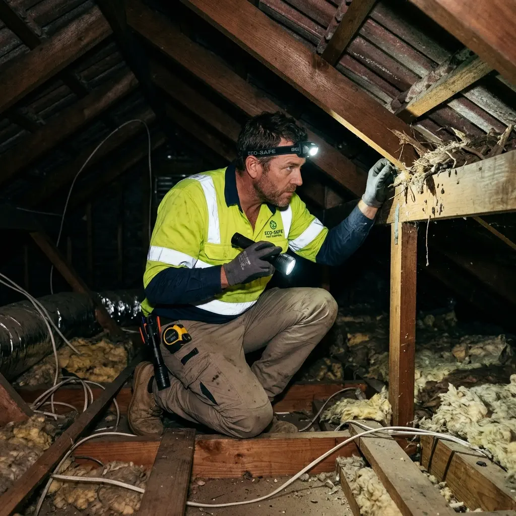 Technician inspecting a roof cavity for a dead animal in Parkville