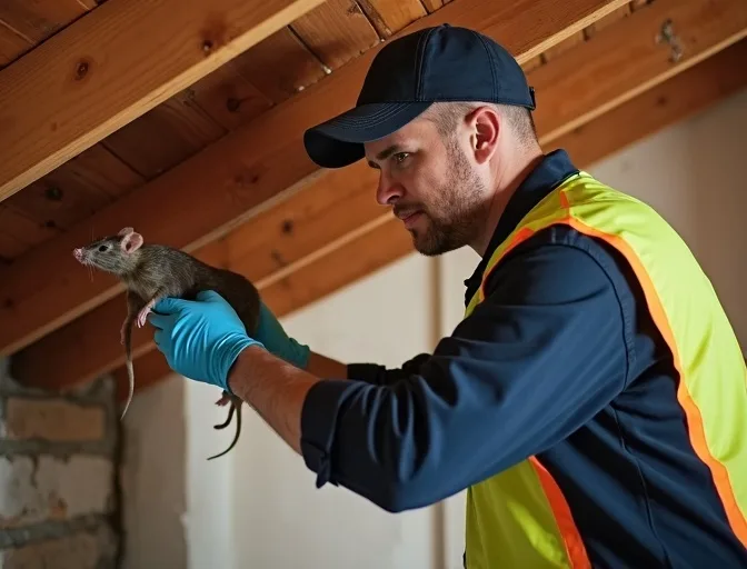 Technician inspecting a roof cavity for a dead rat in Parkville